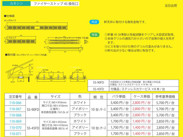 在庫一掃】 KanamonoYaSan KYSカネシン フャイヤーストップ45換気口 ロングタイプ ブラック 10台入 ダンパー付 SS-90-FD 