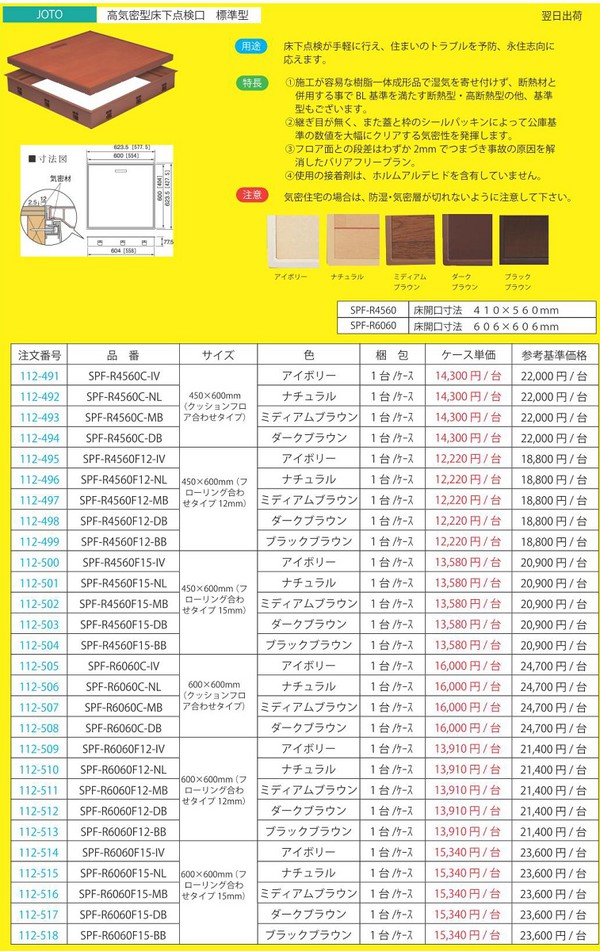 JOTO 高気密型床下点検口 標準型 ミディアムブラウン SPF-R4560F12-MB 450×600mm(フローリング合わせタイプ12mm) |  現場リズム