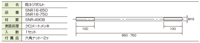 山菱工業 大型ﾎｰﾙﾀﾞｳﾝ金物用 両ネジボルト SNR16-650N2