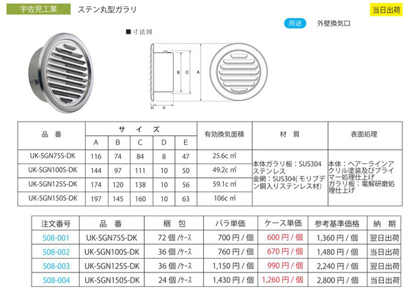 宇佐美工業 ステン丸型ガラリ UK-SGN75S-DK(72個け/ｹｰｽ） | 現場リズム